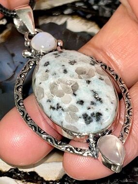 Sesame Kiwi Jasper, Rose Quartz & Moonstone Pendant 2 1/2”